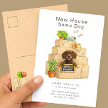 Chocolate Lab New House Moving Announcement Postkarte<br><div class="desc">Share your exciting news with this adorable Chocolate Labrador Retriever moving announcement card featuring a happy chocolate lab puppy sitting in a stack of moving boxes holding a “We’ve Moved” sign. The warm watercolor illustration and cozy moving details make this design perfect for dog lovers announcing their new home. Personalize...</div>