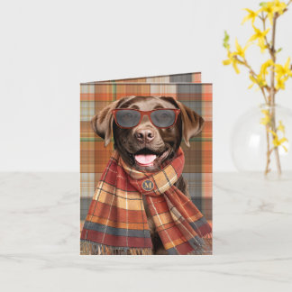 Chocolate-Labrador-Hund Herbst-Kariert Monogrammie Karte