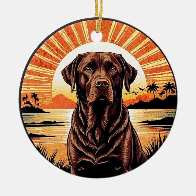 Chocolate Labrador Retro Sunset Dog Lover Keramik Ornament (Vorne)