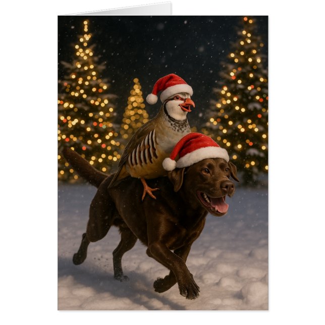 Chocolate-Labrador und Rebhuhn-Weihnachtskarte (Vorne)