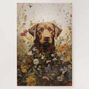 Chocolate Labrador und Wildblumen