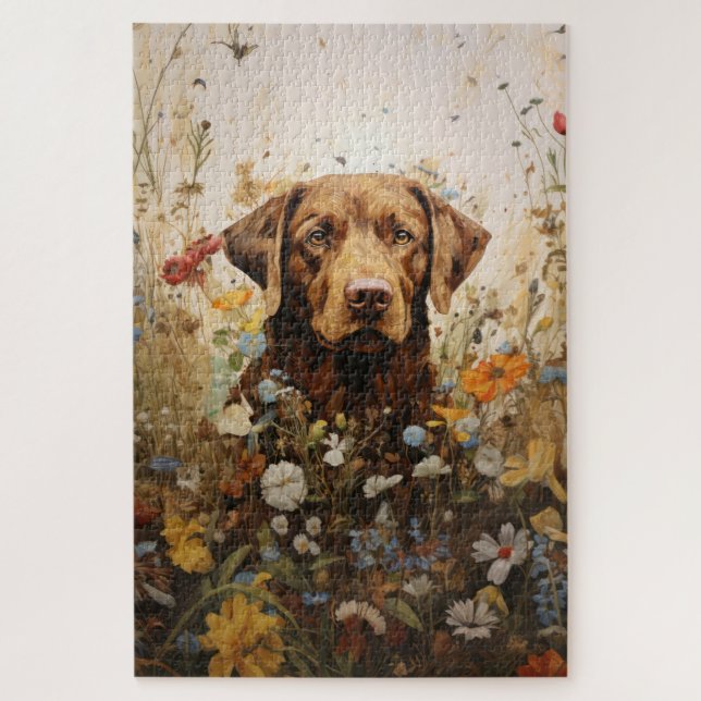 Chocolate Labrador und Wildblumen (Vertikal)