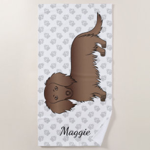Chocolate Langhaar-Dachshund-Cartoon-Hund & Name Strandtuch