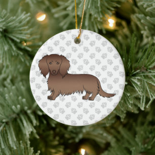 Chocolate Longhair-Dachshund-Cartoon-Hund & Text Keramik Ornament