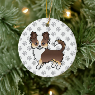 Chocolate-Tricolor Langhaar Chihuahua Hund & Pfote Keramik Ornament