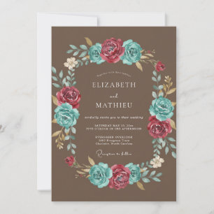 Chocolate-Türkis-Kranz-Hochzeit Einladung