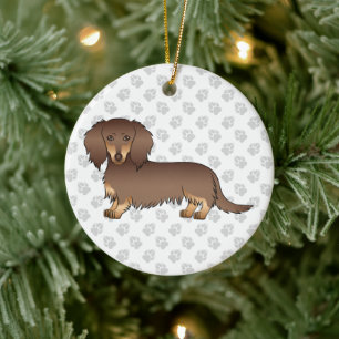 Chocolate- und Lohfarbener Langhaar-Dackel-Caricat Keramik Ornament