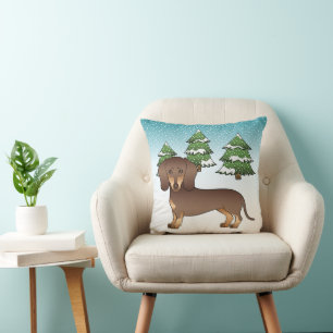 Chocolate und Tan Kurzhaar-Dachshund im Winter Kissen