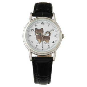 Chocolate- und Tan-Langhaar-Chihuahua-Cartoon-Hund Armbanduhr