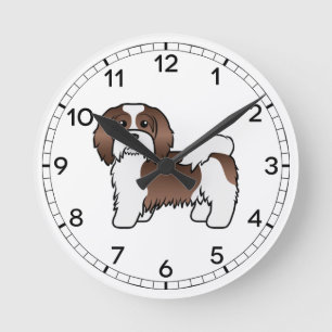 Chocolate und weißer Havanese süßer Cartoon-Hund Runde Wanduhr