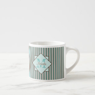 Chocolatebraun und Minzgrün gestreifte Monogramme Espressotasse