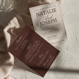 Chocolatebraune Old Money All-in-One-Hochzeit Einladung