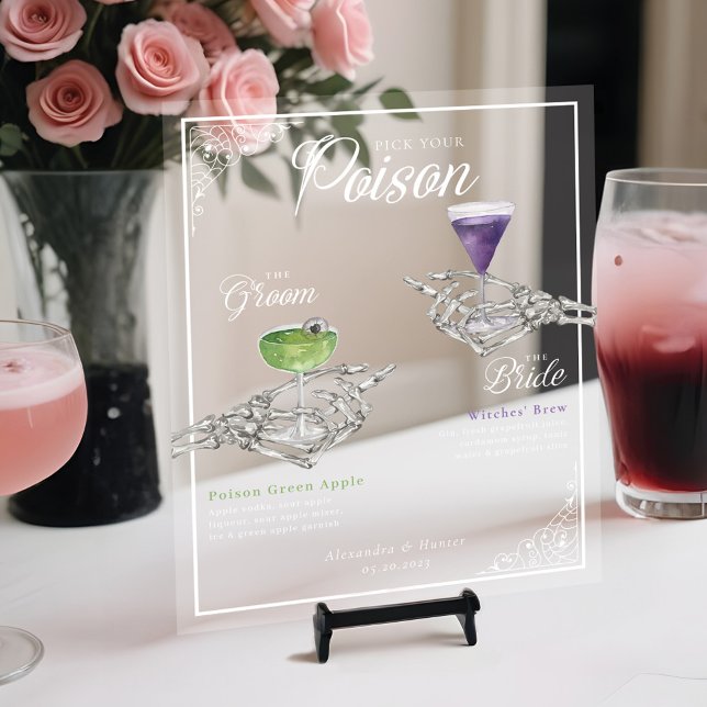 Choisissez votre poison Skeleton Bride & Groom Coc (Pick Your Poison Skeleton Bride & Groom Cocktails Acrylic Sign
)
