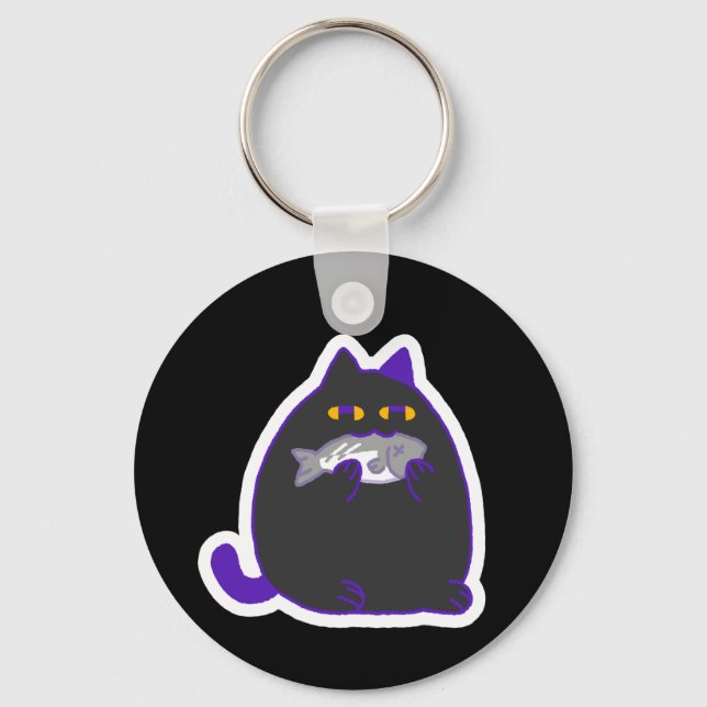 Chonky Black Cat with a Fish Keychain Schlüsselanhänger (Vorderseite)