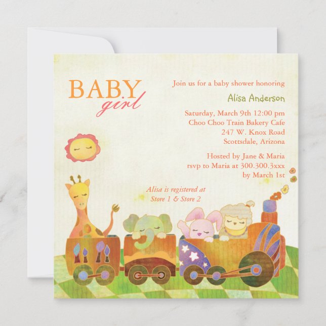 Choo Choo Train Baby Girl Babydusche Einladung (Vorderseite)