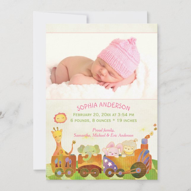 Choo Choo Train Baby Girl Foto Birth Ankündigung (Vorderseite)