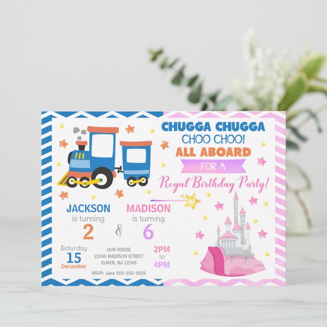 Choo Choo Train & Princess Joint Birthday Einladung (Stehend Vorderseite)