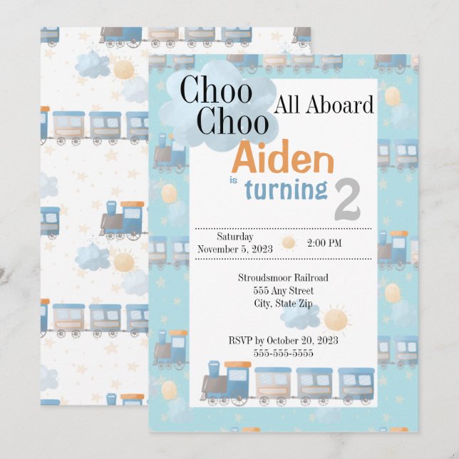 Choo Geburtstagsjunge Party einladen Einladung (Vorne/Hinten)