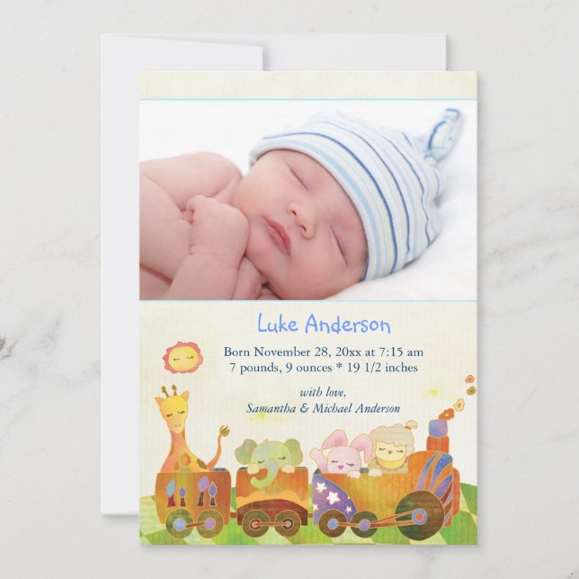 Choo Train Baby Boy Foto Geburtserklärung Ankündigung (Vorderseite)