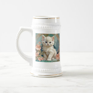 Chope À Bière Alphonse Mucha Style Chat blanc
