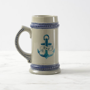 Chope À Bière Ancre Bleue Nautique avec Papa et Monogramme