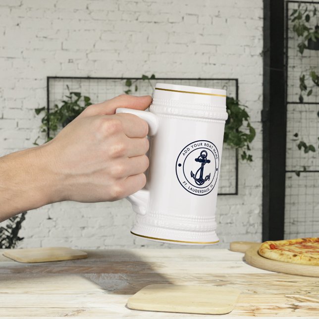 Chope À Bière Ancre nautique Nom du bateau bleu marine Personnal (Nautical Anchor Navy Blue Boating Beer Stein)