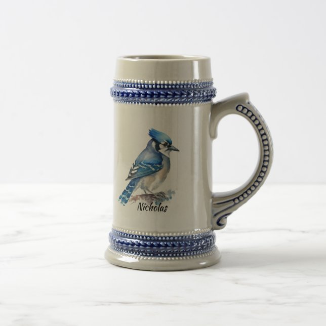 Chope À Bière Aquarelle Bluejay Bleu Jay Oiseau Nature Art (Droite)