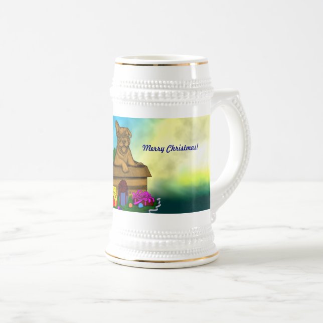 Chope À Bière Chiot dans une boîte, Joyeux Noël (Devant droit)