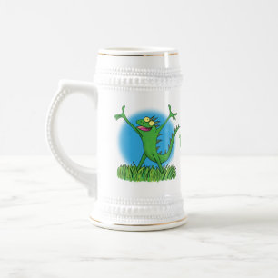 Chope À Bière Drôle vert souriant animé lézard d'iguane