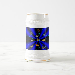 Chope À Bière Étoiles, perles et papillon sur noir et bleu