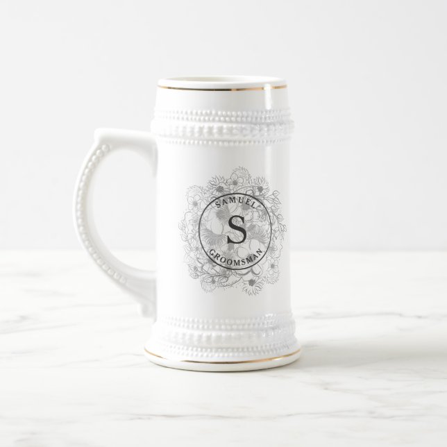 Chope À Bière Groomsmen Beer Stein Dusty Blue Monogram (Gauche)