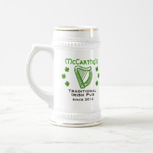 Chope À Bière Harpe shamrock verte personnalisée nom de famille 