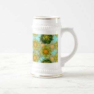 Chope À Bière Motif de tournesol jaune avec feuillage et bourgeo