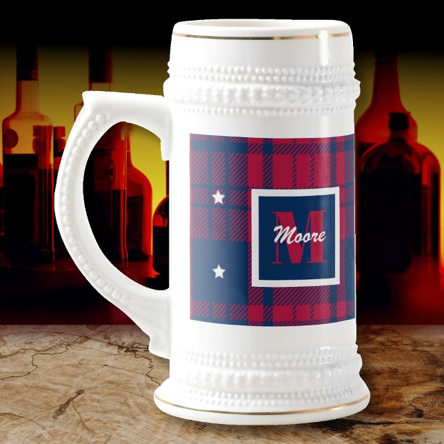 Chope À Bière Tartan - Patriotique - Bleu Rouge Étoiles Blanches (Tartan - Patriotic - Red Blue White Stars Beer Stein by Leapfroglisics Shop)