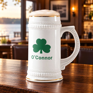 Chope À Bière Trèfle vert irlandais Nom de famille personnalisé
