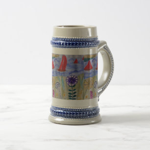 Chope À Bière Voiles et fleurs rouges