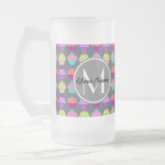 Chope Givrée Cupcakes Gris, Nom Personnalisé Monogramme