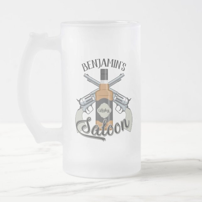Chope Givrée Nom personnalisé Cowboy Revolver Gun Whiskey Saloo (Gauche)