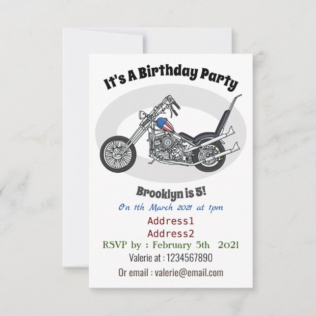 Chopper Motorrad 1950 Cartoon Abbildung Einladung (Vorderseite)