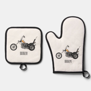 Chopper Motorrad 1950 Cartoon Abbildung Ofenhandschuh & Topflappen-Set