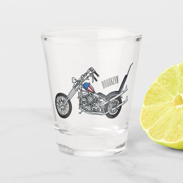 Chopper Motorrad 1950 Cartoon Abbildung Schnapsglas (Vorderseite)