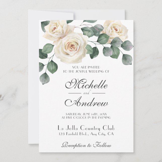 Chou blanc Roses de jardin Mariage Invitation (Devant)