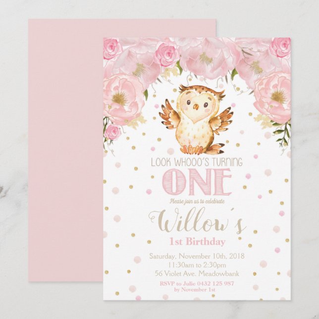 Chouette 1er anniversaire Invitation Blush Floral  (Devant / Derrière)