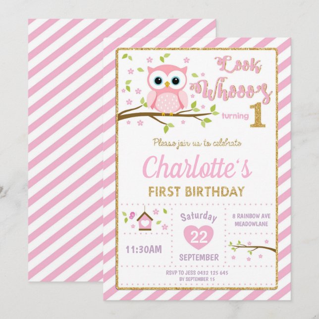 Chouette 1er anniversaire Invitation fille rose et (Devant / Derrière)