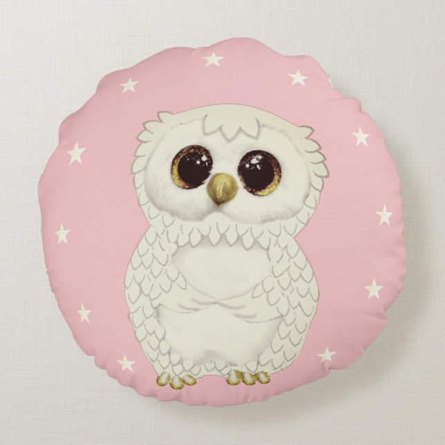 Chouette blanche et étoiles sur Coussin rond rose  (Dos)