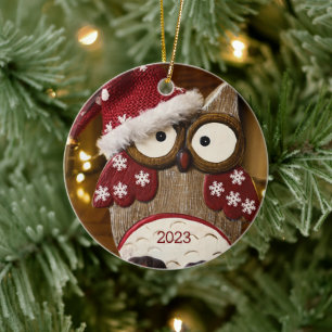 Chouette de Noël Ornement en céramique bois