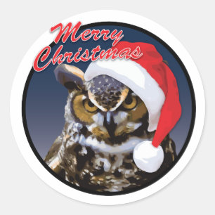 Chouette de Noël - Sticker rond classique, brillan