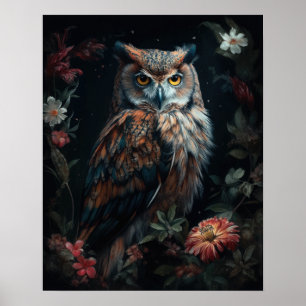 Chouette et fleurs en cottage foncé Poster d'impre