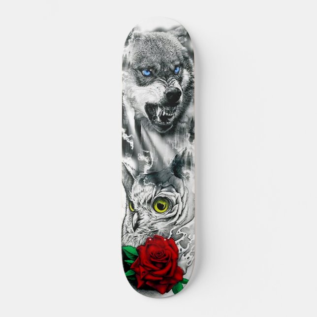 Chouette loup colorée Rose Nature Deck Skateboard (Recto)