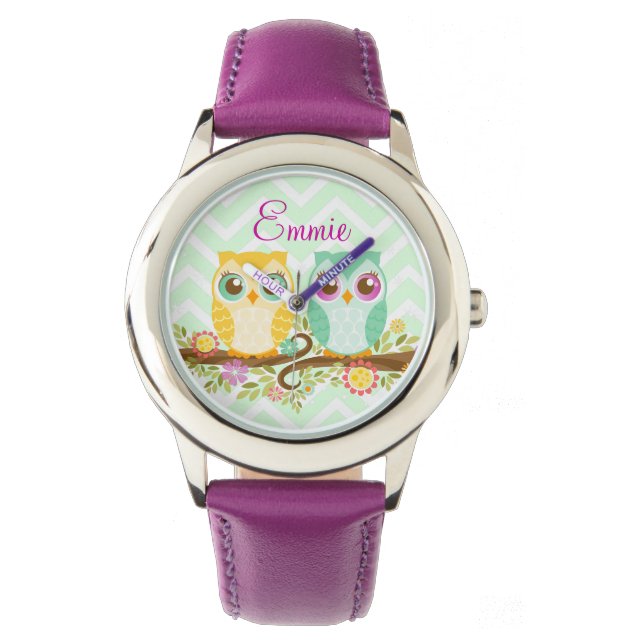 Chouette orange et Turquoise - Montre à poignet pe (devant)